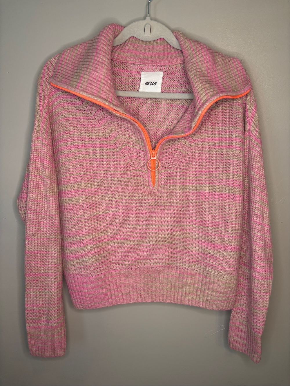 aerie Pink Ribbed Half-Zip Sweater with Orange Trim
